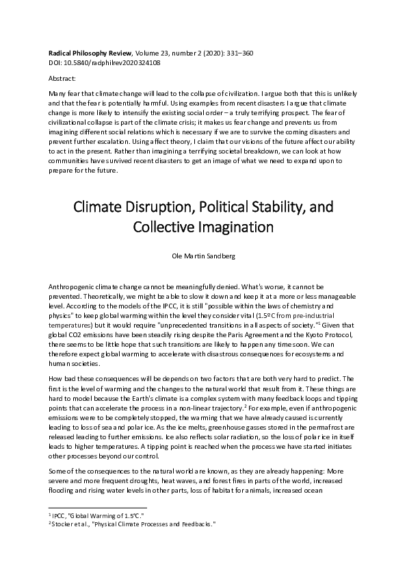 (PDF) Climate Disruption, Political Stability, and Collective Imagination