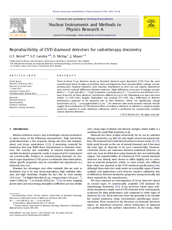 (PDF) Reproducibility of CVD diamond detectors for radiotherapy dosimetry