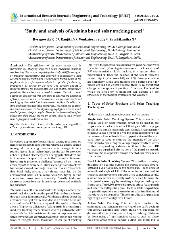 (PDF) IRJET- "Study and analysis of Arduino based solar tracking panel"