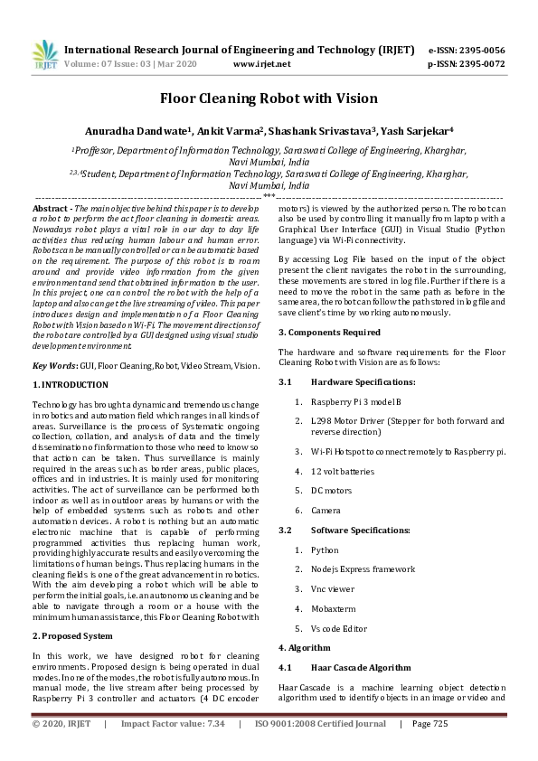 (PDF) IRJET Floor Cleaning Robot with Vision IRJET Journal