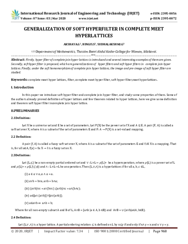 (PDF) IRJET- GENERALIZATION OF SOFT HYPERFILTER IN COMPLETE MEET ...