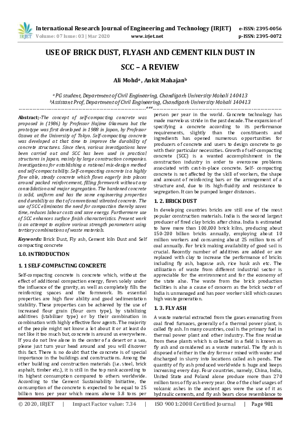 (PDF) IRJET- USE OF BRICK DUST, FLYASH AND CEMENT KILN DUST IN SCC -A ...