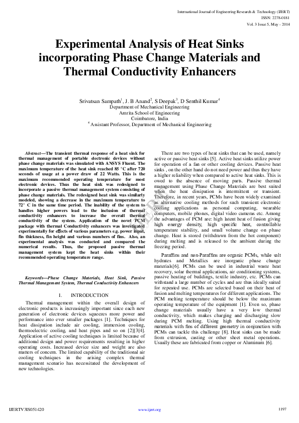(PDF) IJERTExperimental Analysis of Heat Sinks incorporating Phase