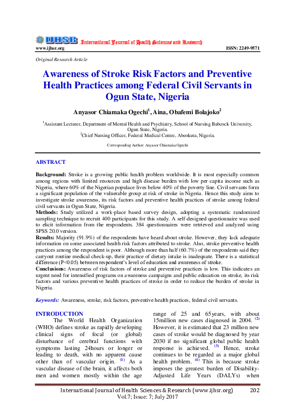 (PDF) Awareness of Stroke Risk Factors and Preventive Health Practices ...