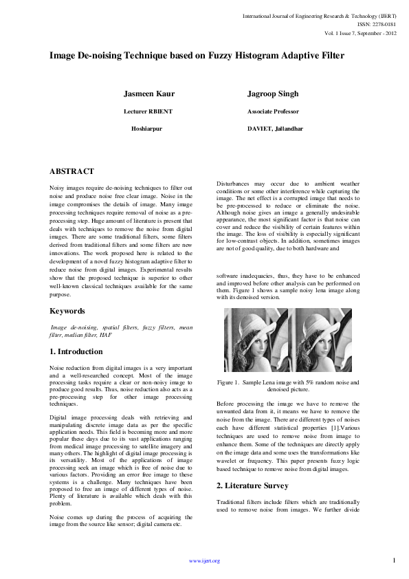 (PDF) Image De-noising Technique based on Fuzzy Histogram Adaptive Filter