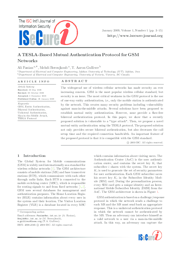 (PDF) A TESLA-Based Mutual Authentication Protocol for GSM Networks