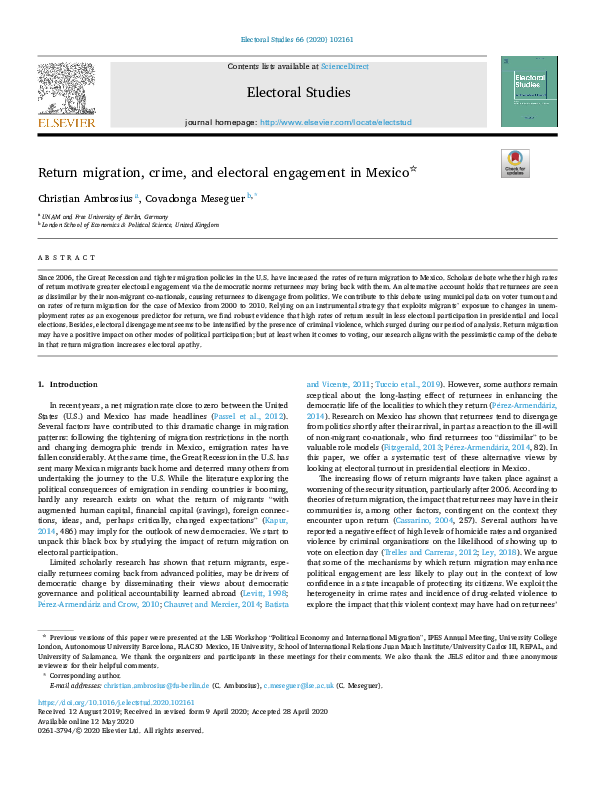 (PDF) Return migration, crime, and electoral engagement in Mexico