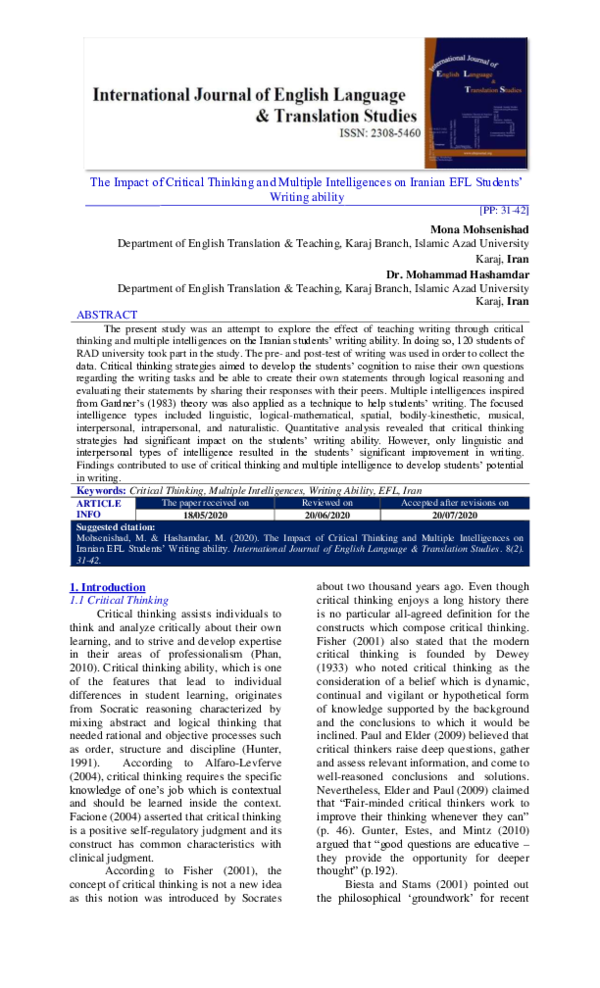 (PDF) The Impact of Critical Thinking and Multiple Intelligences on ...