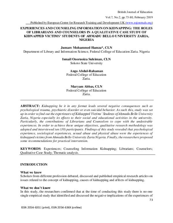 (PDF) EXPERIENCES AND COUNSELING INFORMATION ON KIDNAPPING: THE ROLES ...
