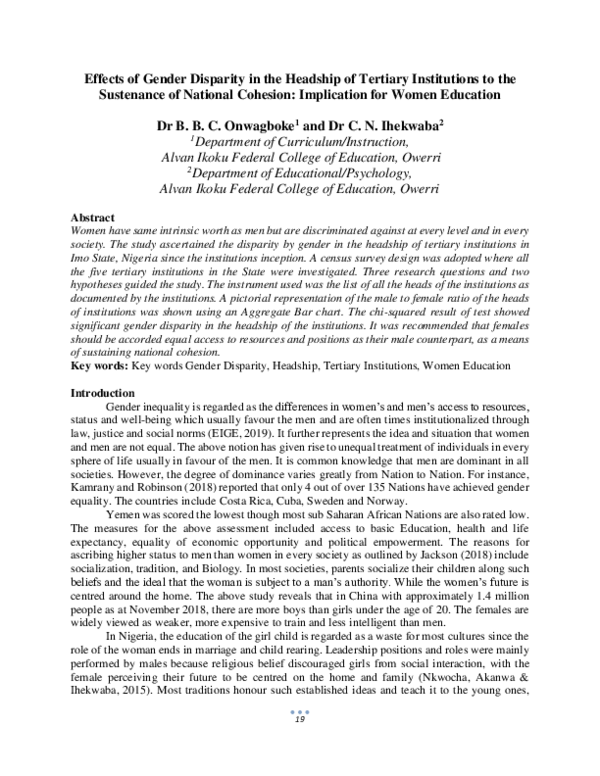 (PDF) Effects of Gender Disparity in the Headship of Tertiary ...