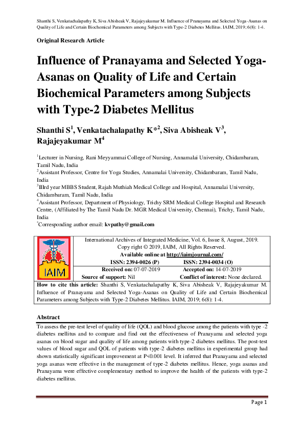 (PDF) Influence of Pranayama and Selected Yoga-Asanas on Quality of ...