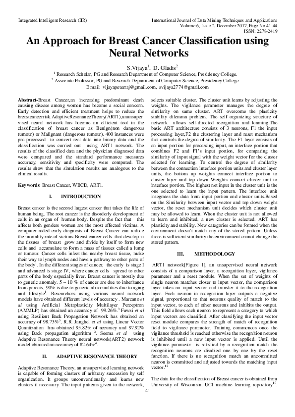 (PDF) An Approach for Breast Cancer Classification using Neural Networks