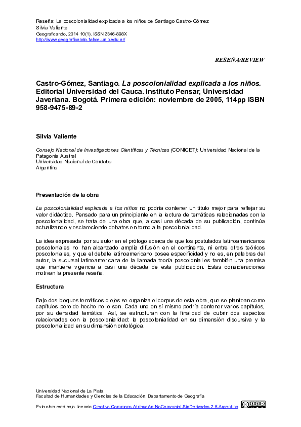  PDF Rese a De La Poscolonialidad Explicada A Los Ni os Silvia