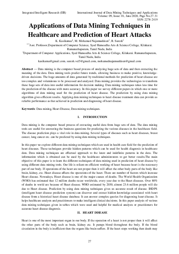 (PDF) Applications of Data Mining Techniques in Healthcare and ...