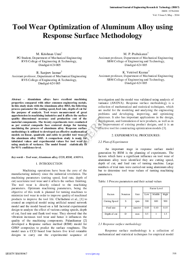 (PDF) IJERT-Tool Wear Optimization of Aluminum Alloy using Response ...