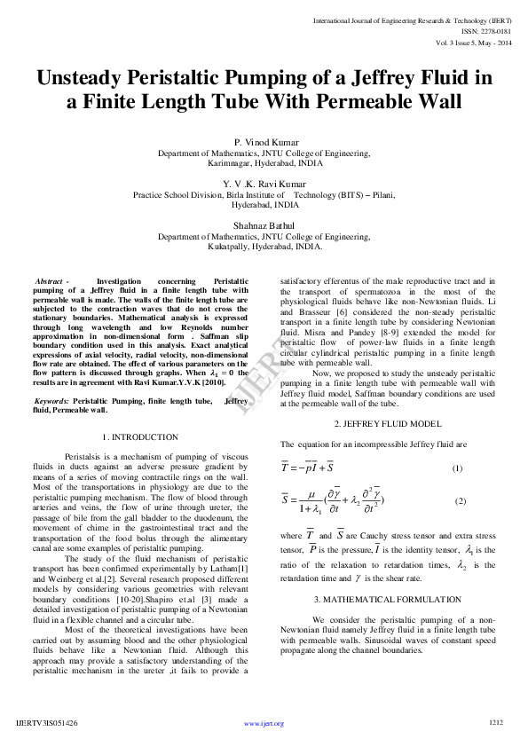 (PDF) IJERT-Unsteady Peristaltic Pumping of a Jeffrey Fluid in a Finite ...
