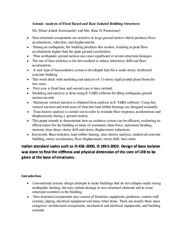(DOC) Seismic Analysis of Fixed Based and Base Isolated Building Structures