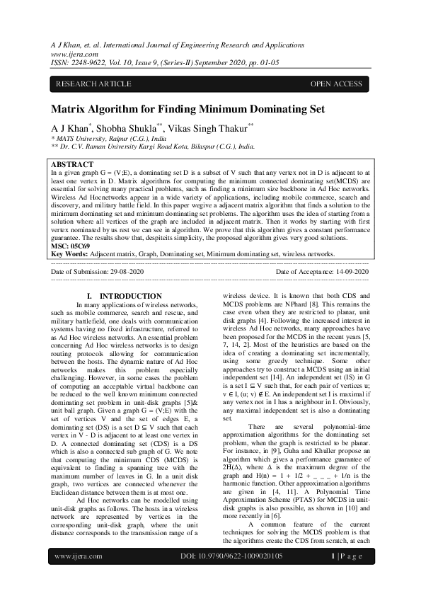 (PDF) Matrix Algorithm for Finding Minimum Dominating Set