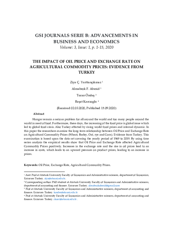 (PDF) THE IMPACT OF OIL PRICE AND EXCHANGE RATE ON AGRICULTURAL ...