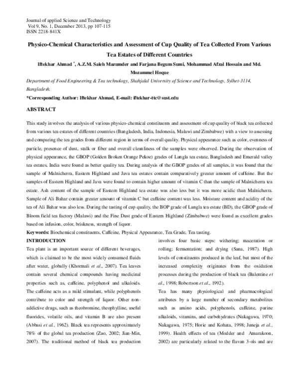 (PDF) PhysicoChemical Characteristics and Assessment of Cup Quality of