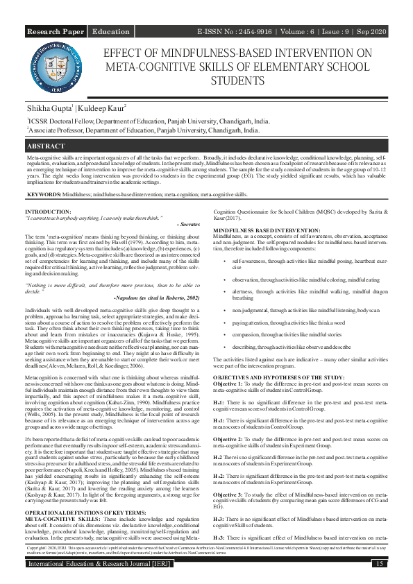 (PDF) EFFECT OF MINDFULNESS-BASED INTERVENTION ON META-COGNITIVE SKILLS ...