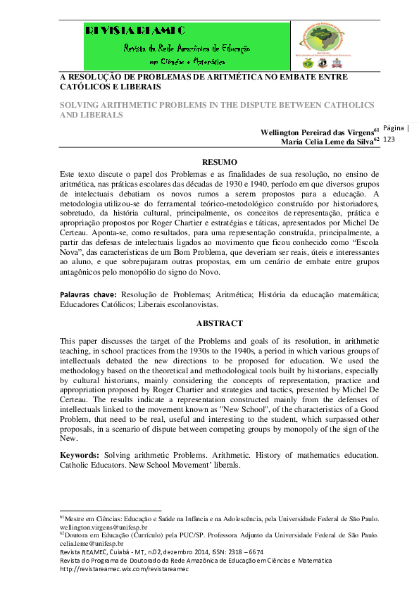 (PDF) A RESOLUÇÃO DE PROBLEMAS DE ARITMÉTICA NO EMBATE ENTRE CATÓLICOS ...