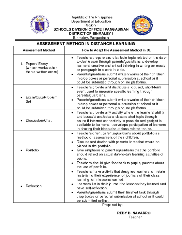 (DOC) ASSESSMENT METHOD IN DISTANCE LEARNING Assessment Method How to ...