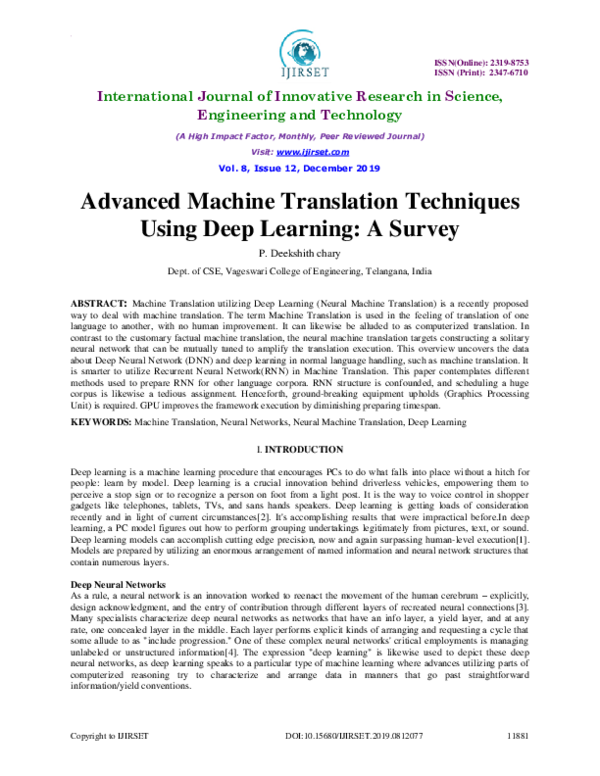 (PDF) Advanced Machine Translation Techniques Using Deep Learning: A Survey