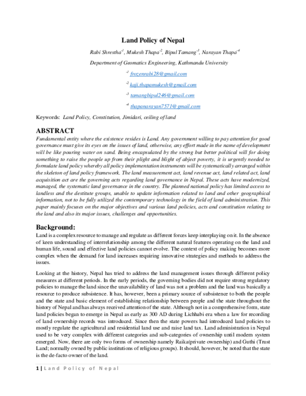 (PDF) Land Policy of Nepal Rabi Shrestha and Bipul Tamang Academia.edu
