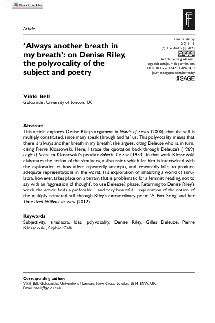 (PDF) 'Always Another Breath in my Breath': On Denise Riley, the ...