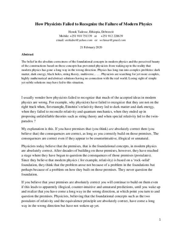 (PDF) How Physicists Failed to Recognize the Failure of Modern Physics