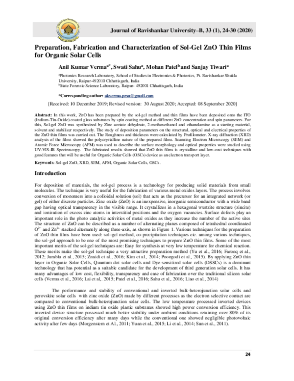 (PDF) Preparation, Fabrication and Characterization of Sol-Gel ZnO Thin ...
