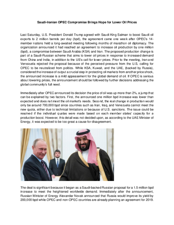 (PDF) Saudi-Iranian OPEC Compromise Brings Hope for Lower Oil Prices