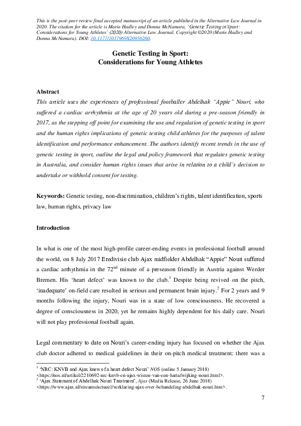 (PDF) Genetic Testing in Sport: Considerations for Young Athletes