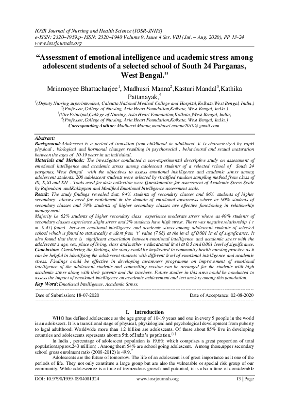 (PDF) "Assessment of emotional intelligence and academic stress among ...