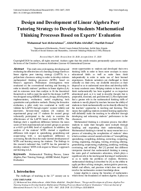 (PDF) Design and Development of Linear Algebra Peer Tutoring Strategy ...