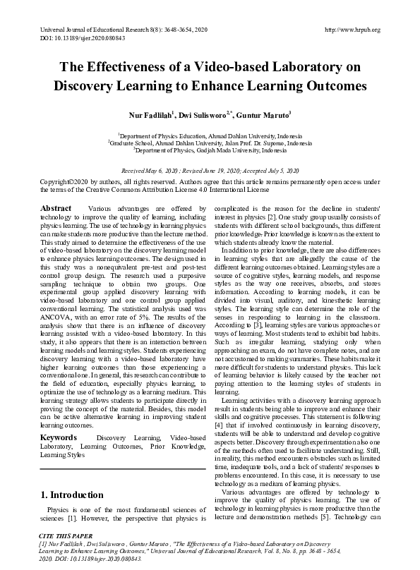 (PDF) The Effectiveness of a Video-based Laboratory on Discovery ...