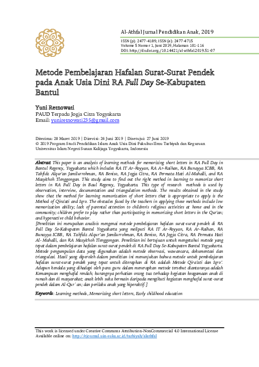 (PDF) Metode Pembelajaran Hafalan Surat-Surat Pendek pada Anak Usia