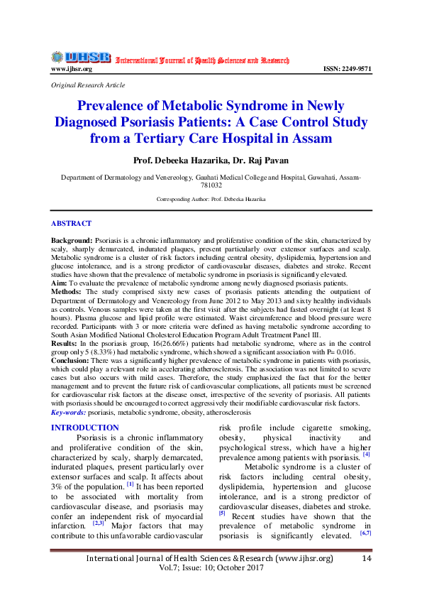 (PDF) Prevalence of Metabolic Syndrome in Newly Diagnosed Psoriasis ...
