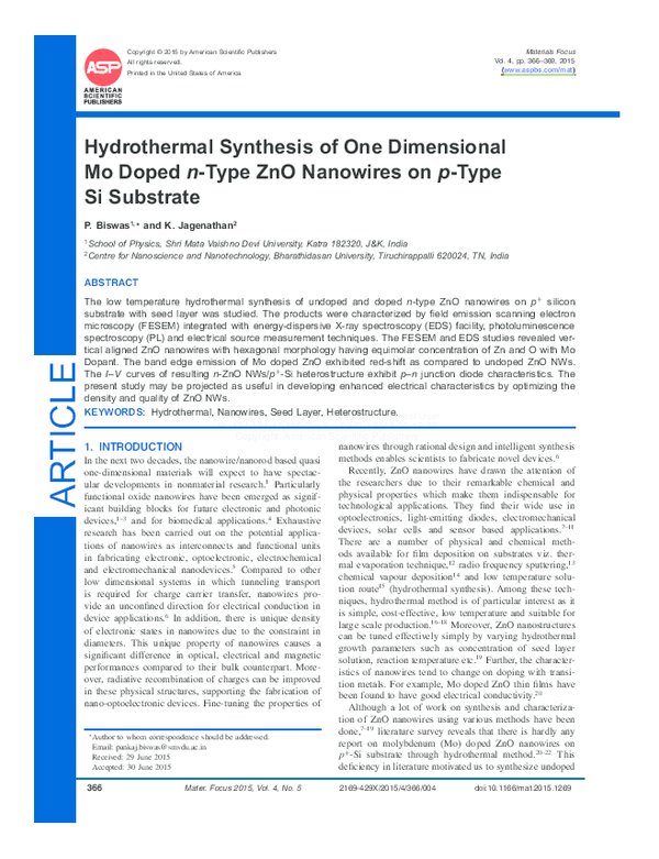 (PDF) Hydrothermal Synthesis of One Dimensional Mo Doped n-Type ZnO ...