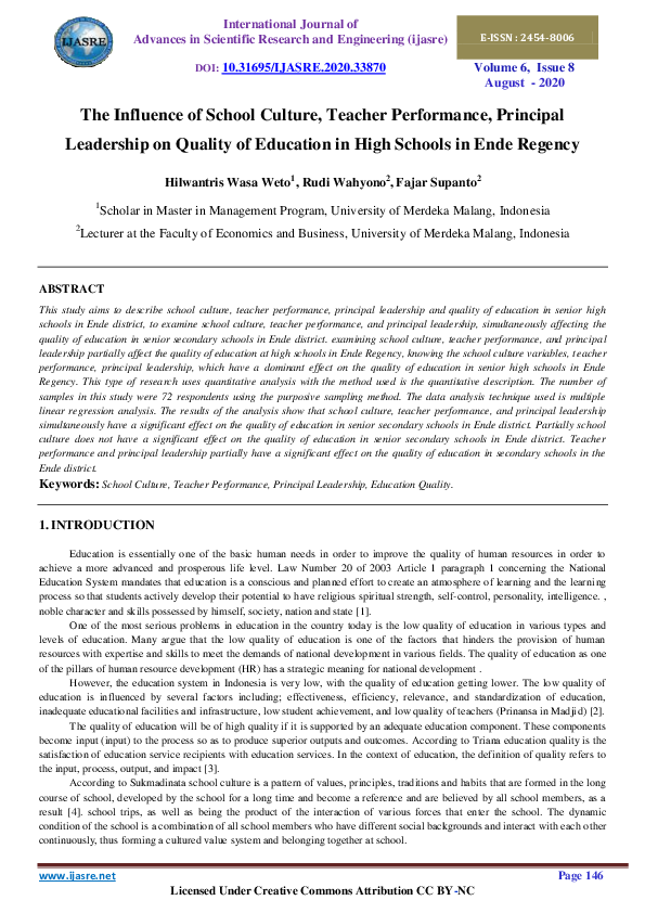 (PDF) The Influence of School Culture, Teacher Performance, Principal ...