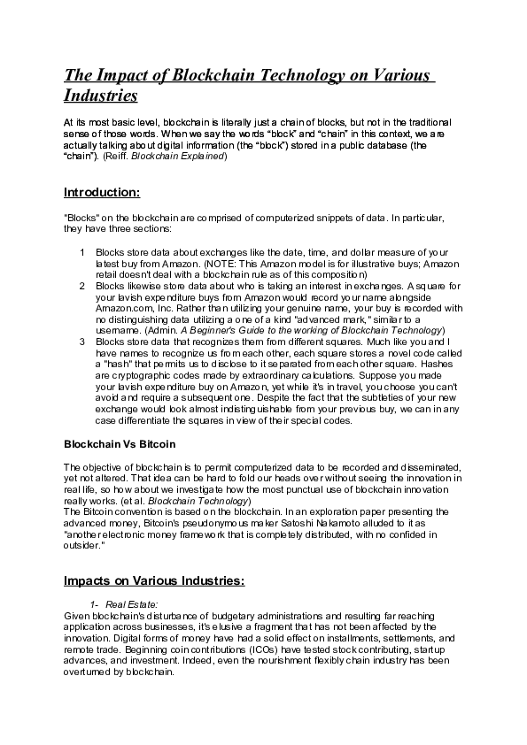 (DOC) The Impact of Blockchain Technology on Various Industries