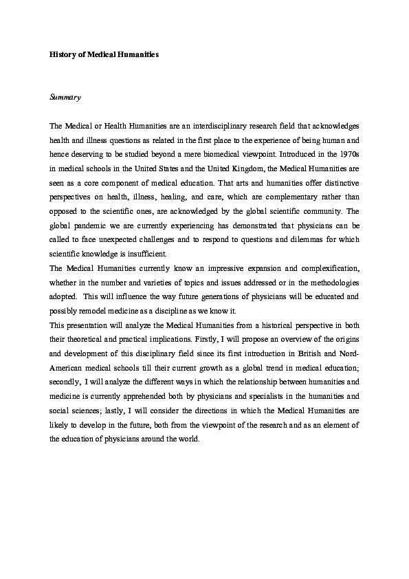 (DOC) History of Medical Humanities