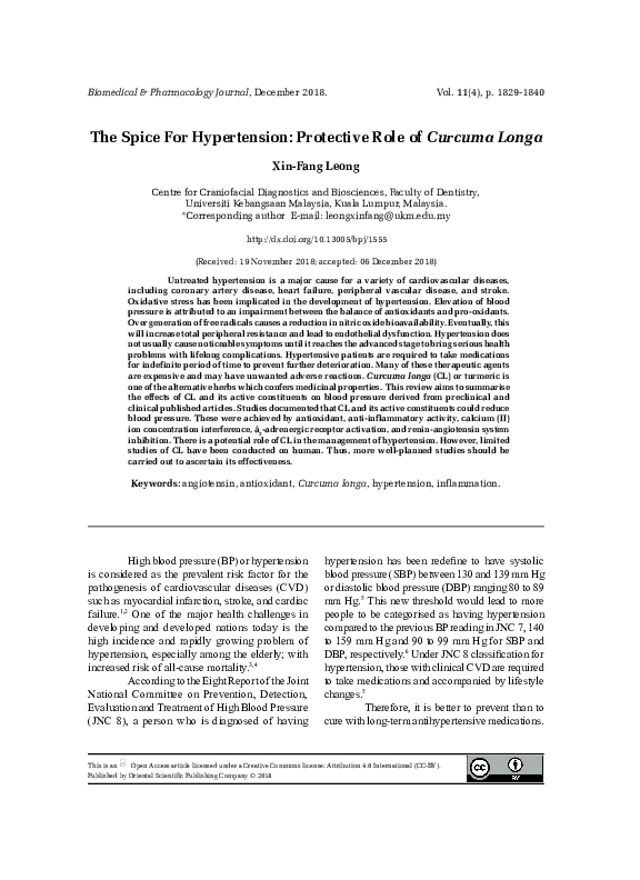 (PDF) The Spice For Hypertension: Protective Role of Curcuma Longa