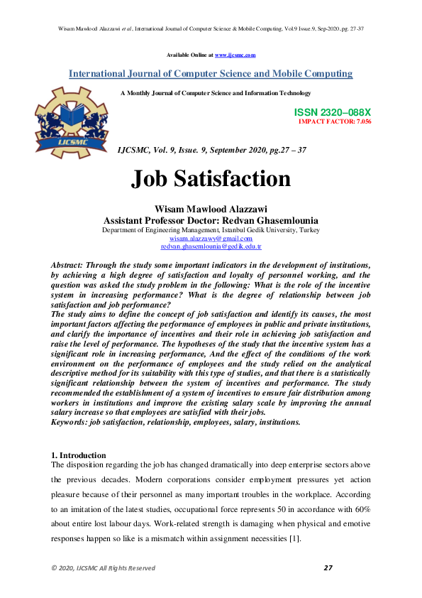 (PDF) Job Satisfaction﻿ IJCSMC Journal and Redvan Ghasemlounia