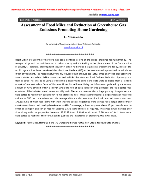 (PDF) I. Assessment of Food Miles and Reduction of Greenhouse Gas ...