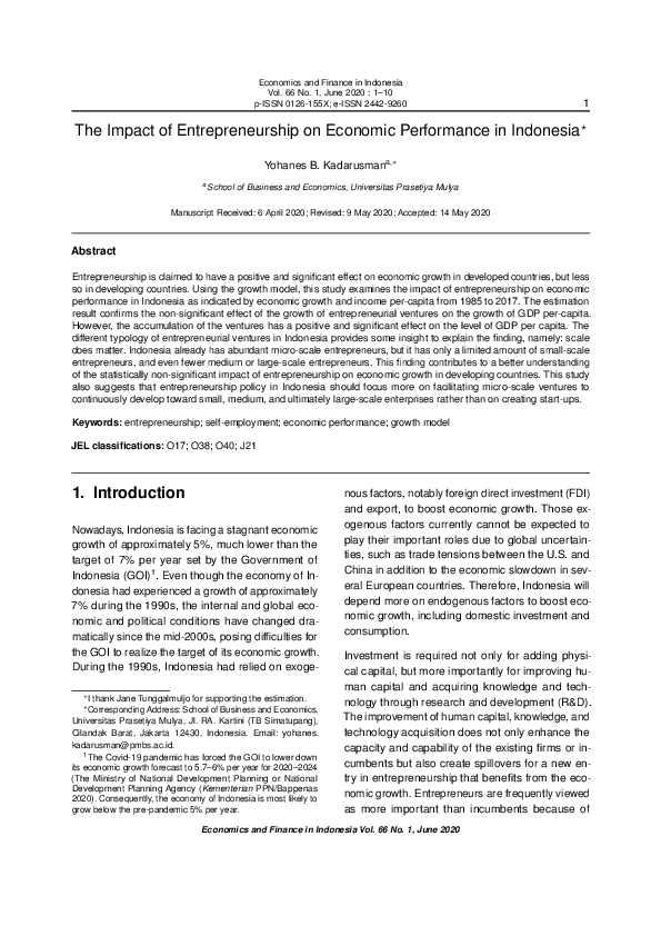 (PDF) The Impact of Entrepreneurship on Economic Performance in Indonesia