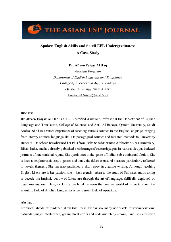 (PDF) English Speaking Skills and Saudi EFL Undergraduates: A Case Study