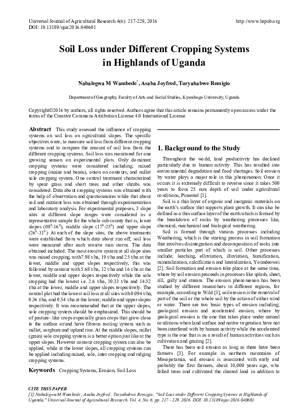 (PDF) Soil Loss under Different Cropping Systems in Highlands of Uganda