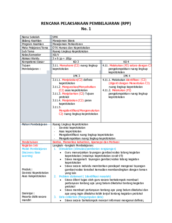 (DOC) RENCANA PELAKSANAAN PEMBELAJARAN (RPP) No. 1